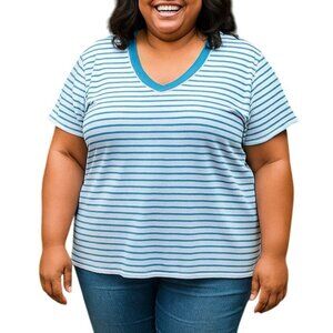 JMS Just My Size Plus Size 3X Top Blue White Striped V-Neck Short Sleeve